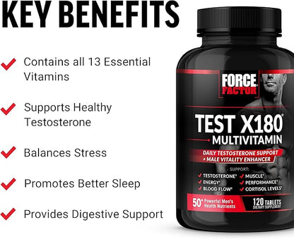 FORCE FACTOR Test X180 Multivitamin for Men Plus Testosterone Support with All 13 Essential Vitamins, for Muscle, Strength, Men’s Health, and Performance, Daily Multivitamin for Adults, 120 Tablets