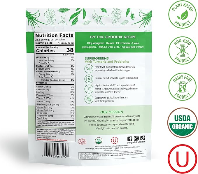 Organic Traditions Super Greens Powder Superfood with Turmeric, Organic Greens Superfood Powder, 200g / 7oz Bag