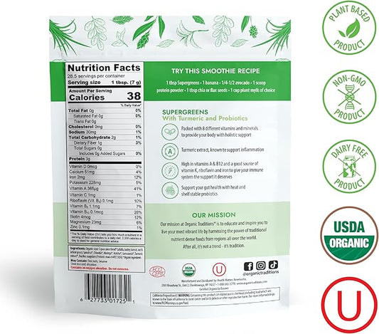 Organic Traditions Super Greens Powder Superfood with Turmeric, Organic Greens Superfood Powder, 200g / 7oz Bag