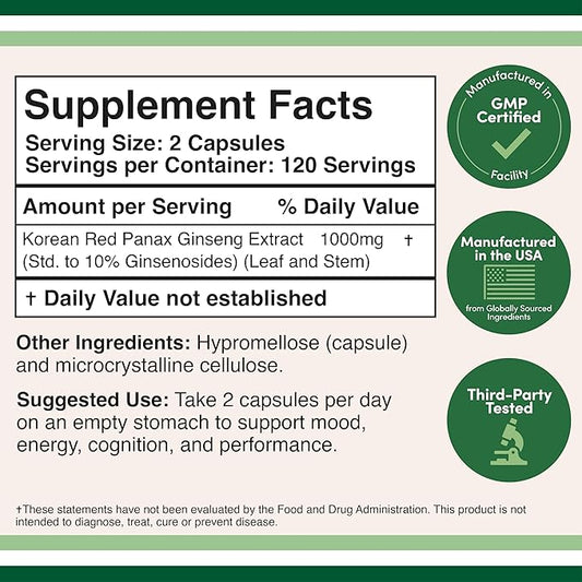 Ginseng Capsules (Korean Red Ginseng Extract, 10% Ginsenosides) (4 Month 240 Vegan 1,000mg per