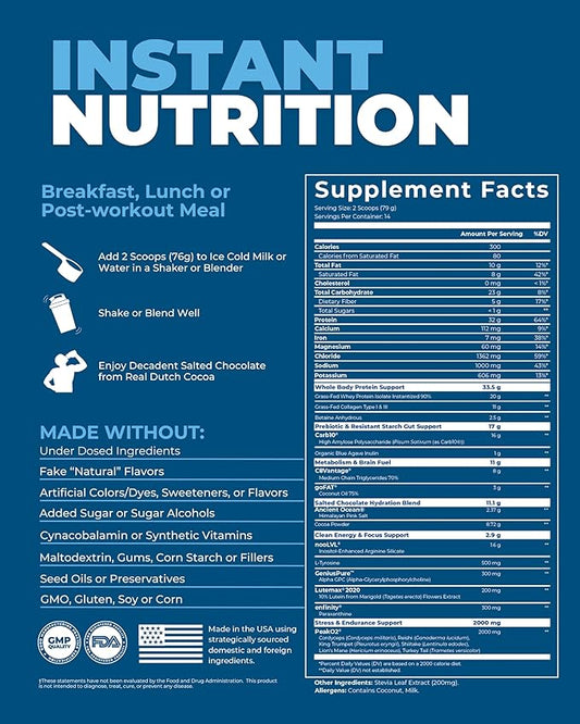 Meal Replacement Shake Powder, Grass Fed Whey Protein Isolate & Collagen, Prebiotics Gut Health, Electrolytes, Organic Mushrooms, Breakfast, Lunch, Post-Workout (4 Meal Travel Packs, Salted Chocolate)