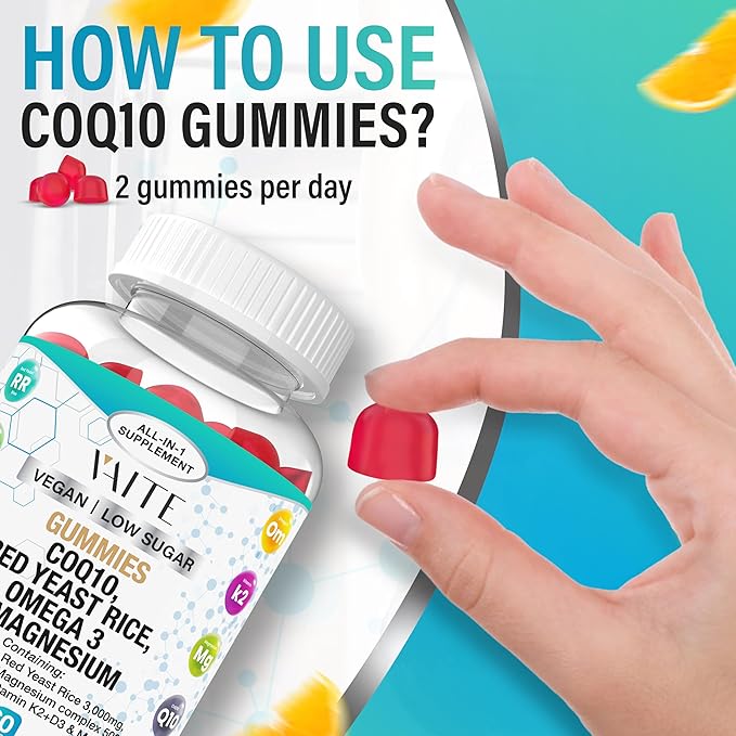CoQ10 200mg Gummies with Red Yeast Rice & Magnesium Glycinate – Omega-3, Zinc, and Vitamin K2+D3 for Overall Health – Supplements for Adults – 60 Chewable Gummies