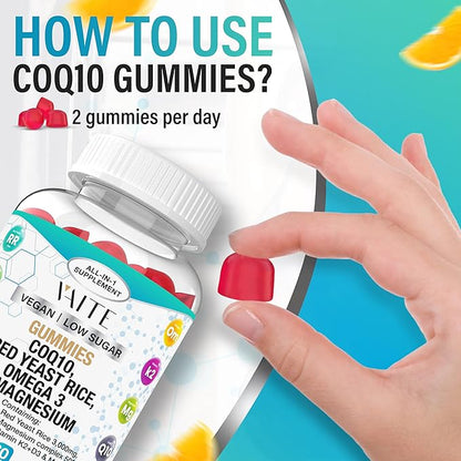 CoQ10 200mg Gummies with Red Yeast Rice & Magnesium Glycinate – Omega-3, Zinc, and Vitamin K2+D3 for Overall Health – Supplements for Adults – 60 Chewable Gummies