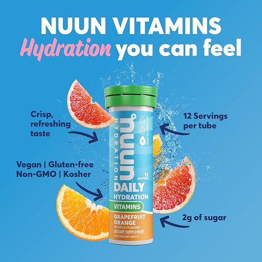 Nuun Hydration Vitamins Electrolyte Tablets, Grapefruit Orange, 5 Essential Electrolytes for Hydration + Vitamin A, B6, C, D, E, with Magnesium, Vegan, Non-GMO, 8 Pack (96'Servings)