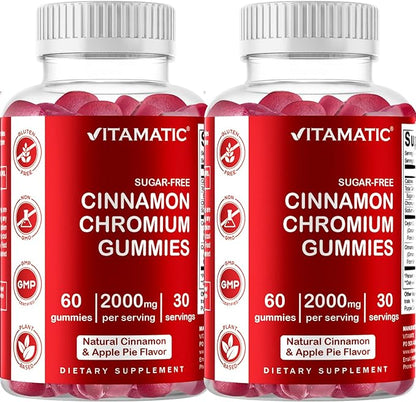 2 Pack - Vitamatic Sugar Free Chromium Gummies with Ceylon Cinnamon - 2000 mg per Serving - Non-GMO - Gluten Free - 60 Vegan Gummies