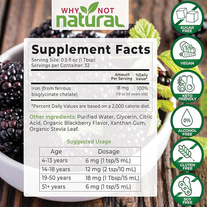 Why Not Natural Liquid Iron Supplement for Women, Men and Kids, Vegan Formulation for Anemia, Sugar Free, Vegan, Non-GMO, Gluten Free, Organic BlackBerry Flavor 16 Fl Oz