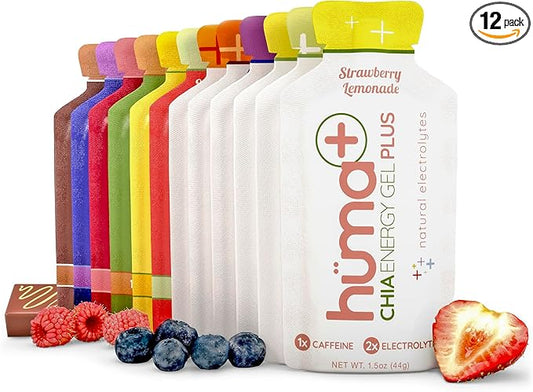 Huma Plus (Double Electrolytes) Chia Energy Gel, Variety Pack - Stomach Friendly, Real Food Energy Gels (8 Original and 4 Plus Gels)