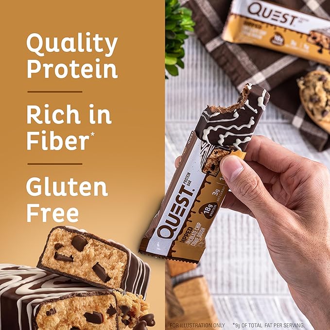 Quest Nutrition Dipped Chocolate Chip Cookie Dough Protein Bars, 18g Protein, 3g Net Carbs, Gluten Free, 1.76 Oz, 12 Count