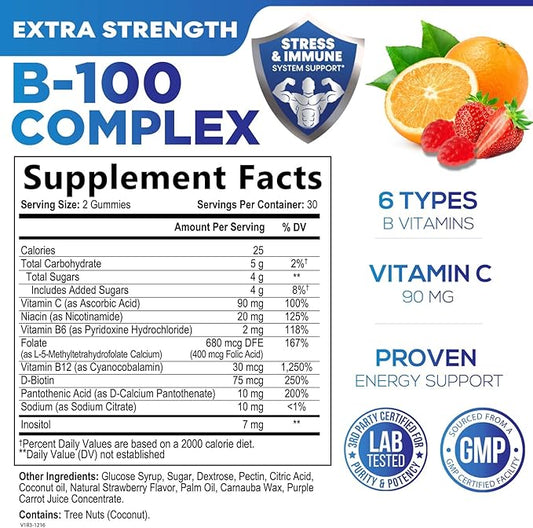 Super B Complex Gummies with Vitamin B6, Folic B12, Biotin, 60 Gummies
