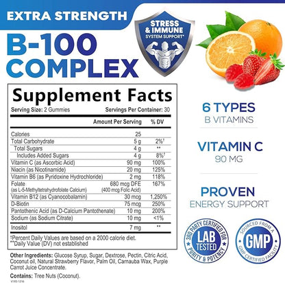 Super B Complex Gummy with Vitamin C & Folic Acid, Extra Strength Vitamin B Gummies Supplement with Niacin, B6, Folic Acid, B12, Biotin, Nature's Energy Immune Support Supplements - 60 Gummies