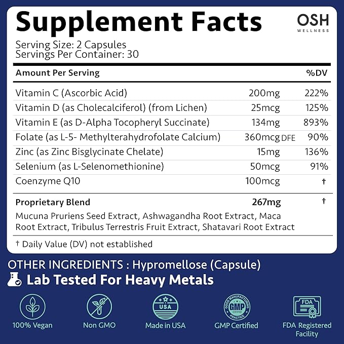 Ayurvedic Men's Fertility Support - Optimal Sperm Health, Quality, Volume, & Motility - Male Fertility Supplements with Ashwagandha, Mucuna, Maca, Shatavari, CoQ10 & Zinc Vegan 60 Count - OSH Wellness