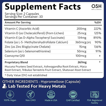 Ayurvedic Men's Fertility Support - Optimal Sperm Health, Quality, Volume, & Motility - Male Fertility Supplements with Ashwagandha, Mucuna, Maca, Shatavari, CoQ10 & Zinc Vegan 60 Count - OSH Wellness