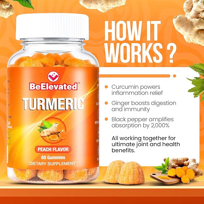 Turmeric Gummies for Adults - Extract 8:1 2000mg - Black Pepper and Ginger Supplements for Joint Support - Vegetarian Chewable Vitamins Supplement - Peach Flavor Gummy Chews - Pack of 2