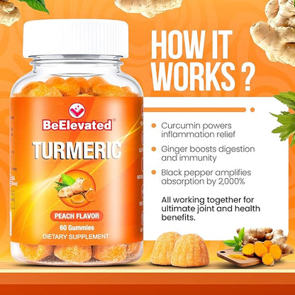 Turmeric Gummies for Adults - Extract 8:1 2000mg - Black Pepper and Ginger Supplements for Joint Support - Vegetarian Chewable Vitamins Supplement - Peach Flavor Gummy Chews - Pack of 2