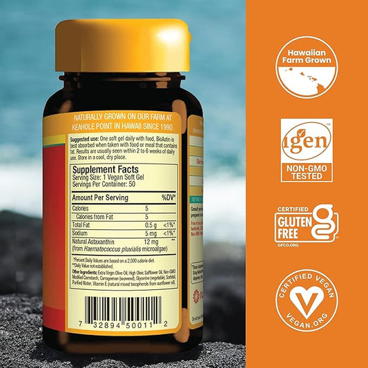 Nutrex Hawaii Vegan BioAstin Hawaiian Astaxanthin - 12mg, 50 Softgels - Farm-Direct Premium Antioxidant Supplement to Support Eye, Skin, Joint & Immune System Health - Vegan, Non-GMO & Gluten-Free