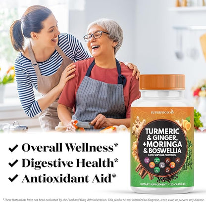 Turmeric Moringa Supplement | Ginger, Boswellia, Saffron, Holy Basil- Joint Support Supplement for Women and Men with Ceylon Cinnamon, Quercetin, Tart Cherry- 240 Count
