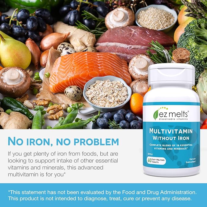EZ Melts Dissolvable Multivitamin without Iron, 18 Vitamins B12, Vitamin D3, Zinc 1-Month Supply