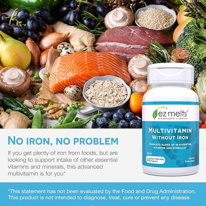 EZ Melts Dissolvable Multivitamin without Iron, 18 Vitamins B12, Vitamin D3, Zinc 1-Month Supply
