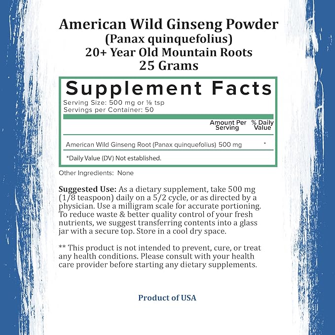 Wild American Ginseng Powder Pure Organic 20+ Year (25 grams)