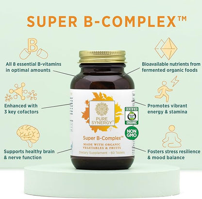 PURE SYNERGY Super B-Complex | Vitamin B Complex Made with Organic Whole Foods | Vegan Supplement with Natural Vitamin B12, Niacin, and Folate | for Energy, Focus and Mood Support (60 Tablets)