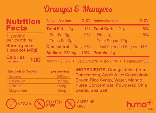 Huma Plus (Double Electrolytes) - Chia Energy Gel, Orange Mango, 12 Gels - Stomach Friendly, Real Food Energy Gels