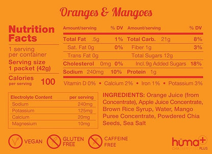 Huma Plus (Double Electrolytes) - Chia Energy Gel, Orange Mango, 24 Gels - Stomach Friendly, Real Food Energy Gels