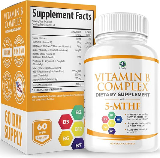 1 Body Vitamin B Complex – 5-MTHF Folate B1, B2, B2, B5, B5, B6, B6, Methyl B12, Niacin,