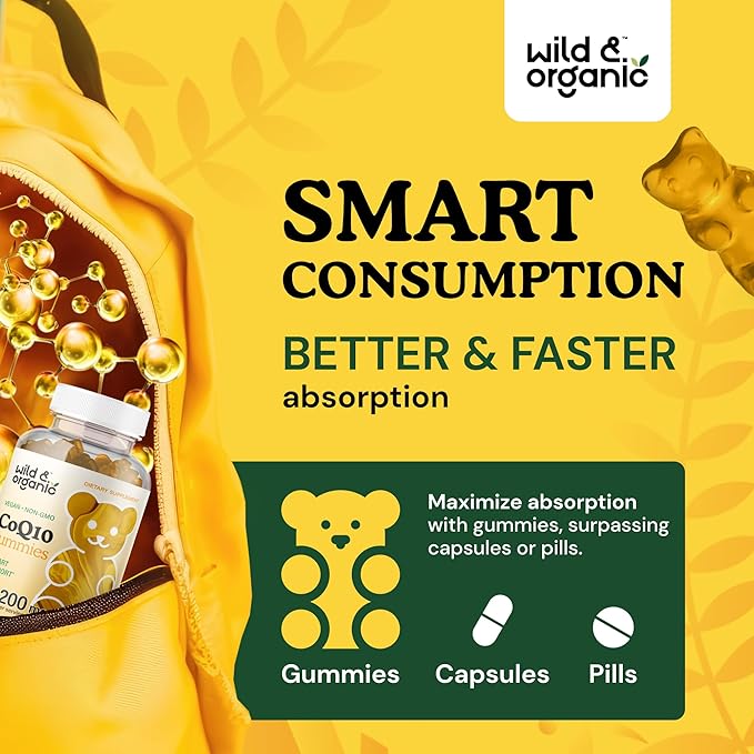 Wild & Organic CoQ10 Gummies CoQ10 200mg 200mg - CoQ10 Ubiquinone Q10 Focus 60 Non-GMO