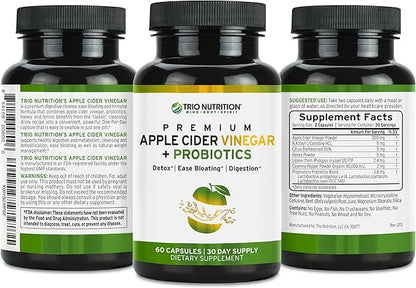 TRIO NUTRITION Apple Cider Vinegar Capsules with Multi-Strain Probiotics - Natural Sugar Free ACV Capsules with The Mother for Gut Health, Immunity, Body Cleanse & Healthy pH*