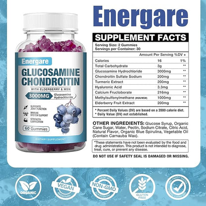 2 Pack 3000mg Glucosamine Chondroitin with MSM Gummies & Elderberry, Extra Strength Joint Support Health, Flexibility, Antioxidant, Immune Supplement Gummy for Adults, Men & Women 120 Counts