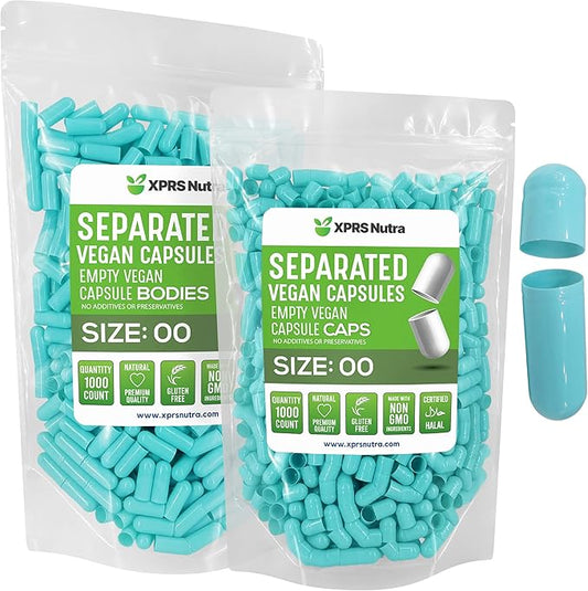 XPRS Nutra Vegan Size 00 Separated Capsules - 1000 Count Premium Empty Capsules Separated in Bags - Separated Empty 00 Capsules - Pill Capsules Empty for DIY Supplement Filling (Aqua)