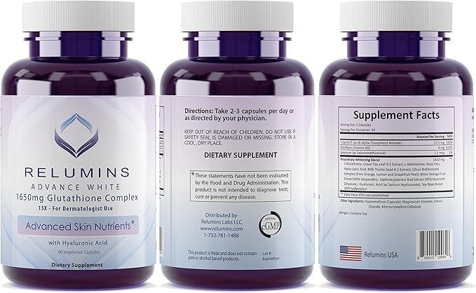 Relumins 1650mg Reduced Glutathione Complex 90 Veggie 5 Bottles