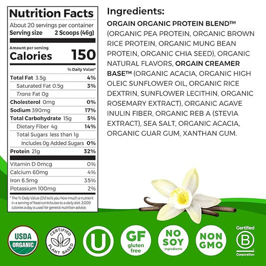 Orgain Organic Vegan Protein Powder, Vanilla Bean 21g Plant 4g Prebiotic 2.03 lb