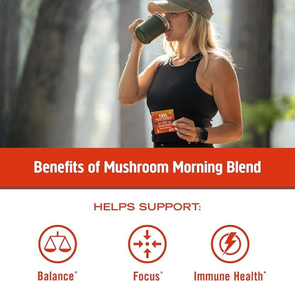 Om Mushroom Superfood Morning Energy Blend Mushroom Powder Drink, Single Serve, 10 Count, Coffee Free Energy Drink with Cordyceps, Vitamin D2, Agaricus Bisporus, Lion's Mane, Rhodiola, and Turkey Tail