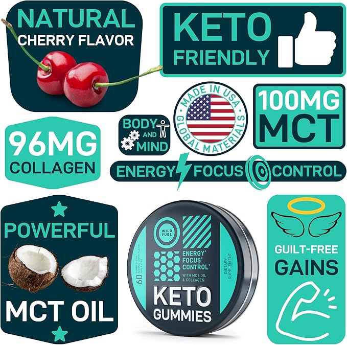 MCT Oil Keto Gummies Collagen Metabolism Booster - Pre Workout Gummy Energy Chews Keto Candy - Physical and Mental Energy, Low Carb, Low Calorie - 60 Cherry Collagen Gummies For Women and Men