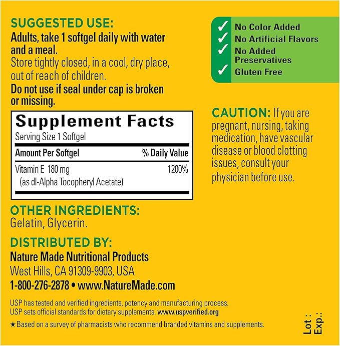 Nature Made Vitamin E 180 mg (400 IU) 100 Softgels, 100 Day