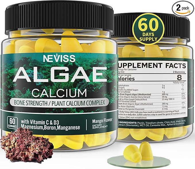 (2 Pack) Algae Calcium Gummies 600mg D3, C,