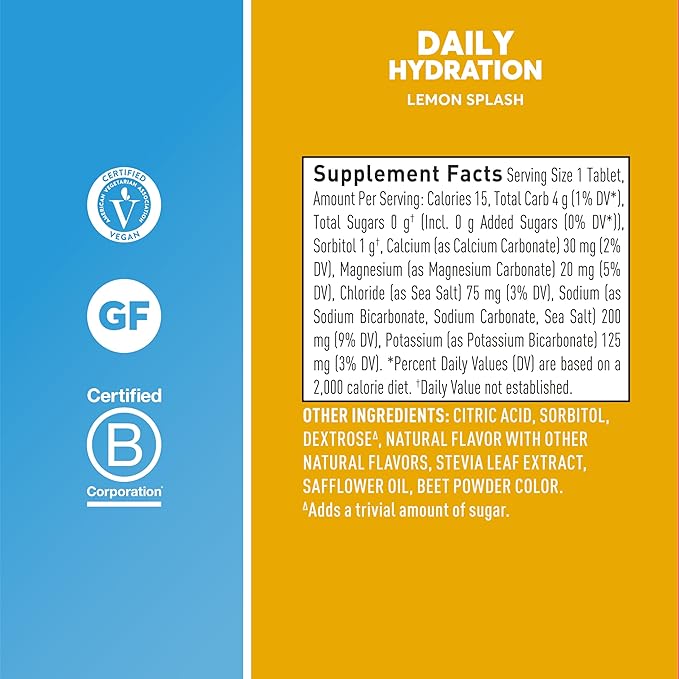 Nuun Hydration Daily, Wellness Electrolyte Tablets, Lemon Splash, No Sugar, 5 Essential Electrolytes for Hydration, Vegan, Gluten Free, 8 Pack (80 Servings)