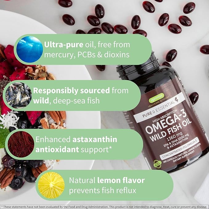 Super Concentrated rTG Omega 3 Wild 1000mg, Clean 2:1 Ratio, 1mg, Lemon 180 Softgels,