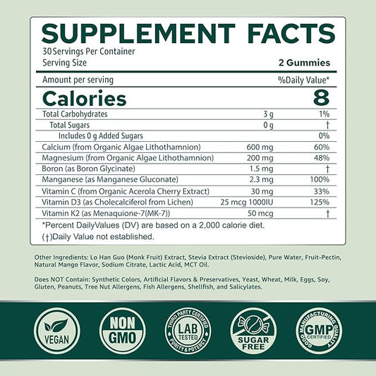 Calcium Gummies for Women + Magneisum Vitamin D3 K2, C, Zinc, Boron, Sustainable Algae (3rd Party Tested) for Bone Strength, Nerve, Calcium Absoption, Sugar Free Calcium Supplement, Vegan, 60 Counts