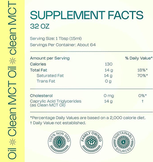 LevelUp Clean MCT Oil - 100% Caprylic C8 for Energy, Focus, Gut Health, Brain Superfuel - Keto Supplement for Ketogenic Coffee and Ketones - Non-GMO (32 oz Glass Bottle)