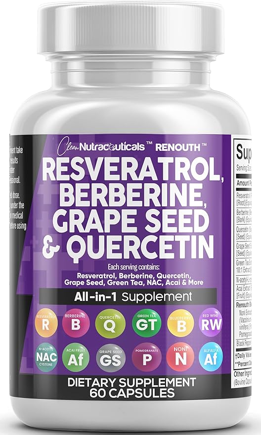 Resveratrol 6000mg Berberine 3000mg Grape Seed 3000mg Quercetin 4000mg Green 60 Capsules