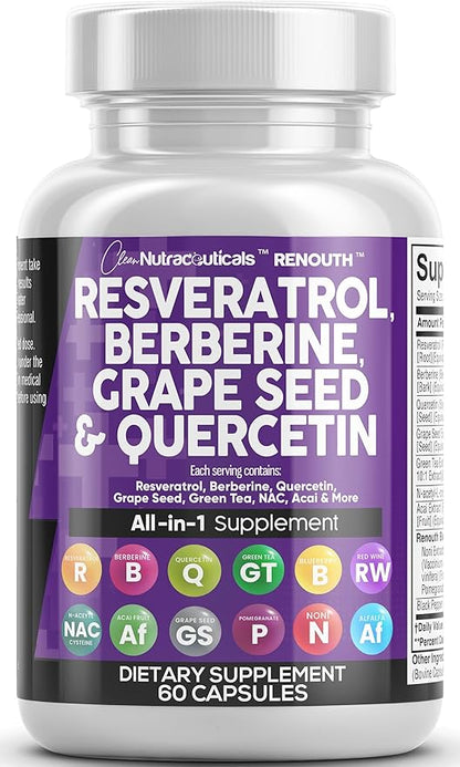Resveratrol 6000mg Berberine 3000mg Grape Seed 3000mg Quercetin 4000mg Green 60 Capsules