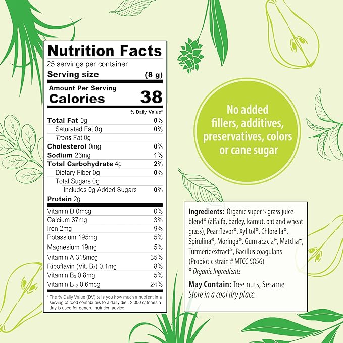 Organic Traditions Super Greens Powder Superfood with Turmeric, Pear Flavored Organic Greens Superfood Powder, 200g / 7oz Bag