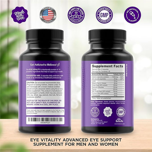 Eye Vitamins Supplement with Lutein, Bilberry, 90 Capsules,