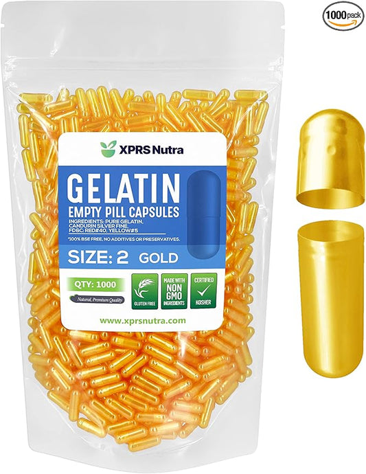 XPRS Nutra Size 2 Empty Capsules - 1000 Count Empty Gelatin Capsules - Empty Pill Capsules - DIY Capsule Filling - Pure Bovine Pill Capsules Empty Gel Caps (Gold)