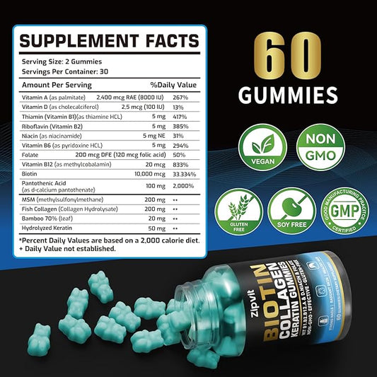 Biotin Collagen Gummies – Hair Skin B1, B2, B2, B3, B3, B6, B6, B7, B7, Collagen, 60 Gummy