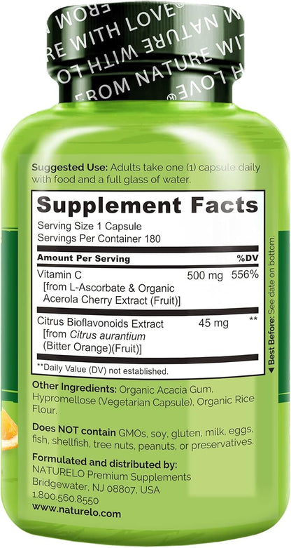 NATURELO Vitamin C with Organic Acerola 500 mg 180 Capsules