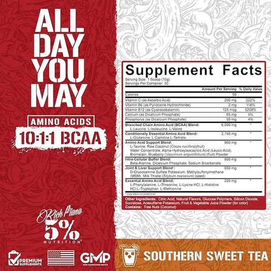 5% Nutrition Rich Piana AllDayYouMay BCAA Powder | Premium Intra & Post Workout Amino Acids, Hydration, Endurance, Muscle Recovery, Joint & Liver Support | 16.3 oz, 30 Servings (Southern Sweet Tea)