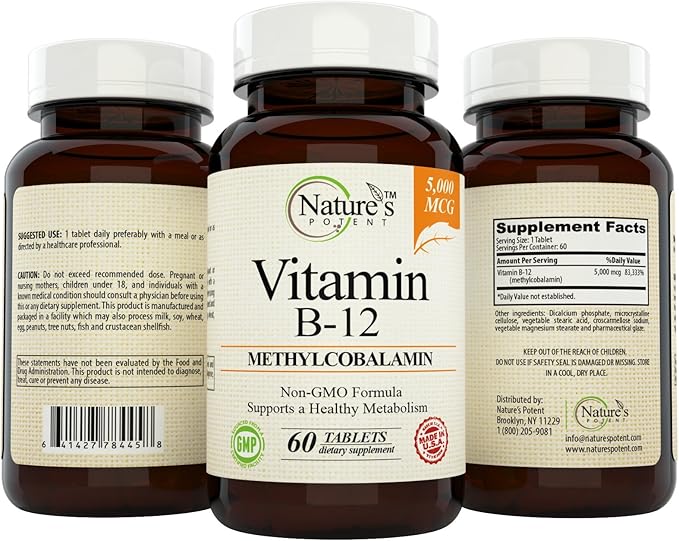Nature's Potent Vitamin B-12, 5000mcg, Non-GMO B12) - (60 Tablets)